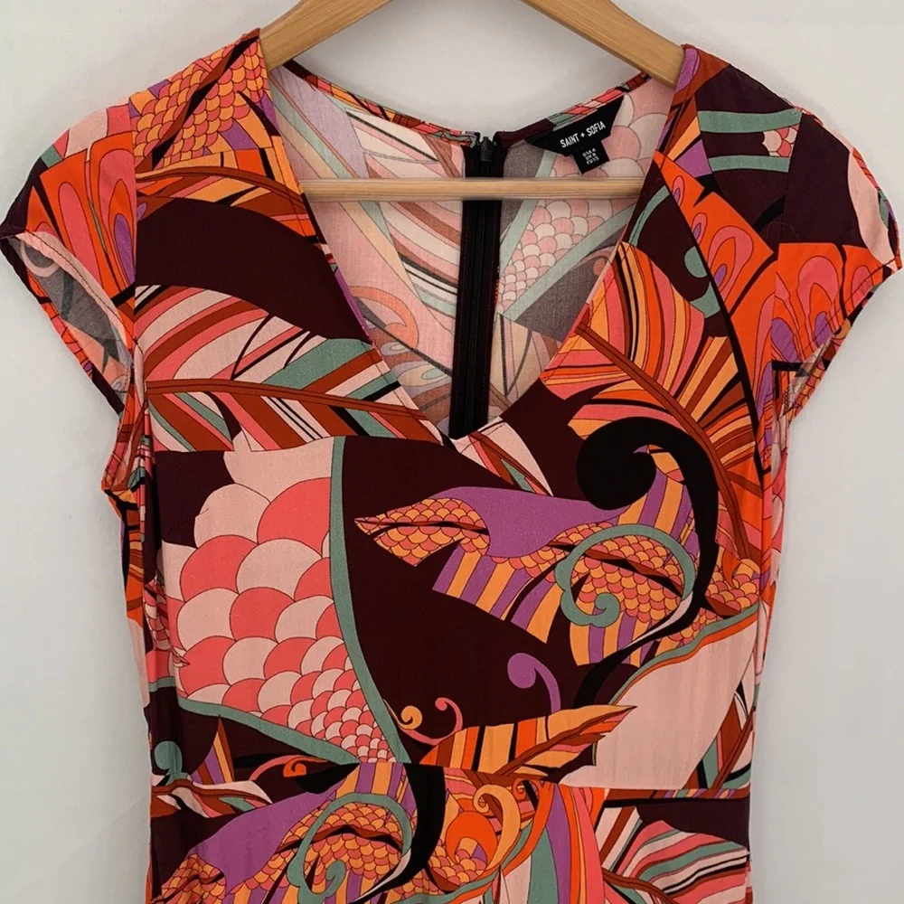 Saint + Sofia Jocelyn Cap Sleeve V-Neck Midi Dress Paisley Retro Red Palm Size 4 - Picture 4 of 16